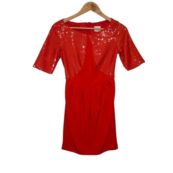 Reiss Red/Orange  Sequin Top 3/4-Sleeve Fitted Dress Size 4 - Picture 2 of 9